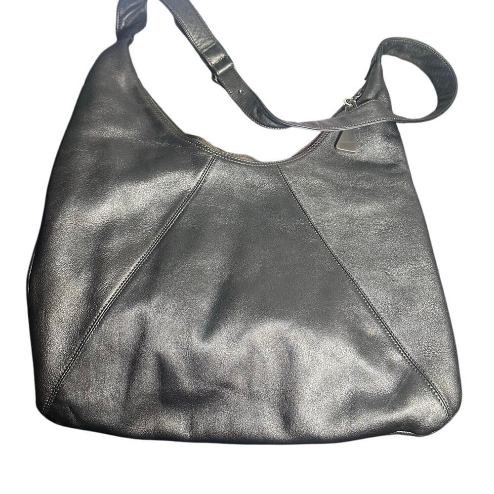 Americana by Sharif Metallic Gray Leather Shoulder Crossbody Bag Slouchy Chic